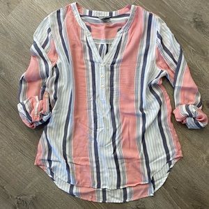 Bass Pink, Blue & White Striped Henley Blouse